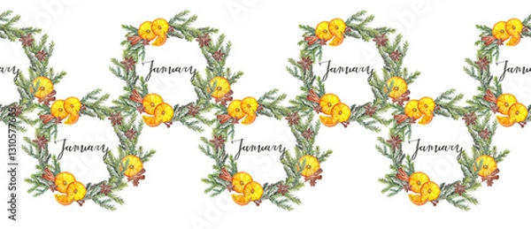 Fototapeta Watercolor seamless rim with circle frame orange and cinnamon and christmas tree on white background. Fir branch and lettering January. Hand-drawn border for new year frame. Wrapping or wallpaper