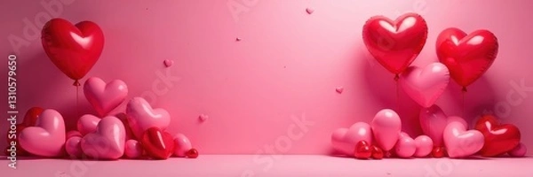 Fototapeta Romantic pink red backdrop, heart balloons, empty product stand, lovely, hearts