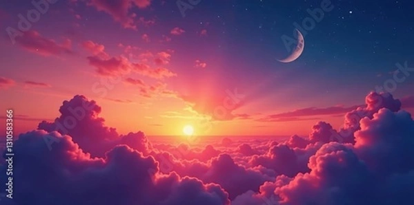 Fototapeta Vibrant sunset hues, crescent moon, fluffy clouds , reflection, picture, design