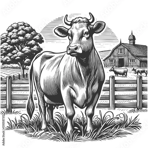 Obraz Farm Cow in Rural Landscape vector illustration