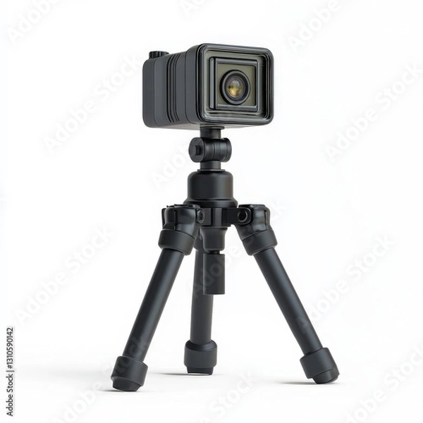 Fototapeta A compact black camera mounted on a sturdy tripod, designed for photography and videography.