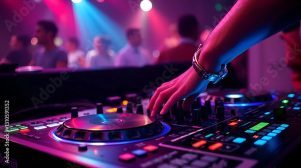 Obraz Close up of Dj mixes the track in nightclub at party Hands of dj tweak various track controls on dj's deck, DJ mixing, nightclub party, DJ deck, track controls, DJ hands, party scene, DJ booth