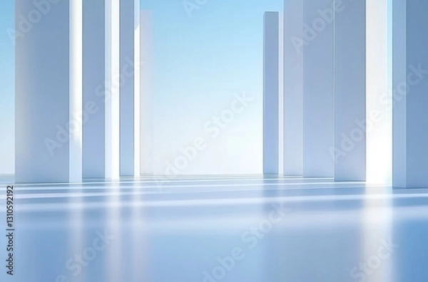 Fototapeta Serene Minimalist Architecture with Tall White Columns Reflecting Soft Blue Light