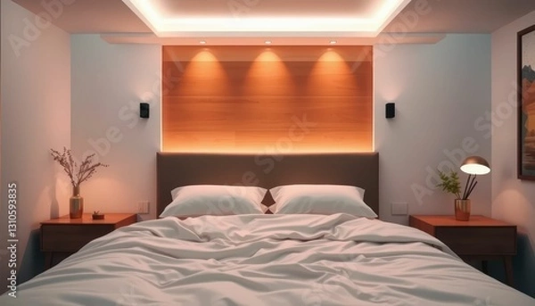 Fototapeta Cozy Modern Bedroom with Soft Lighting and Minimalist Decor