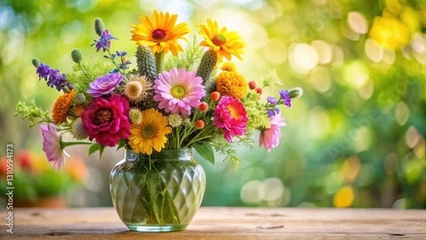 Fototapeta Colorful flowers arranged in a elegant vase with soft focus background, herbs, cactus, herbs,cactus