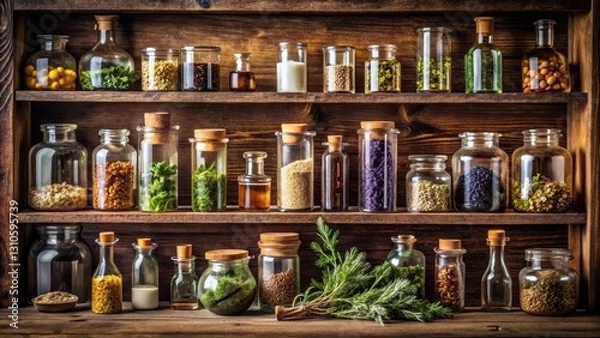 Fototapeta Detailed shot of a wooden laboratory shelf lined with multiple glass vials containing various chemicals