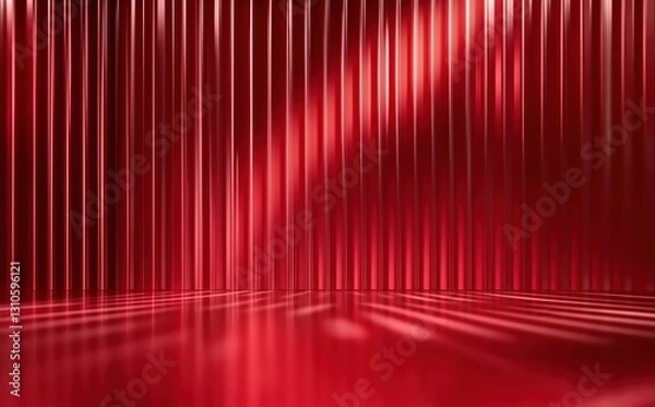 Fototapeta Striking Red Curtains Draped Elegantly in a Spotlight Setting with Reflective Glossy Floor