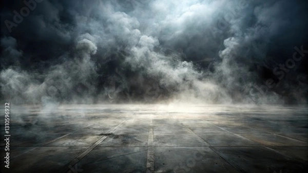 Fototapeta A vast empty floor with a thick haze of smoke rising from the centre, set against a dark and foreboding backdrop, evoking a sense of desolation and decay , desolate, decayed