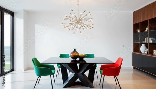 Fototapeta Modern Dining Room with Colorful Chairs and Unique Chandelier Design