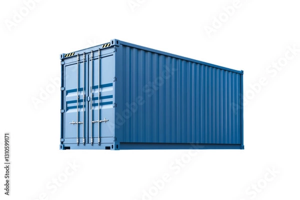 Fototapeta Large blue container with a yellow and black sticker on the side, isolated