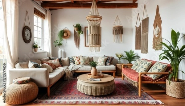 Fototapeta Cozy and Inviting Living Room with Bohemian Decor and Natural Elements