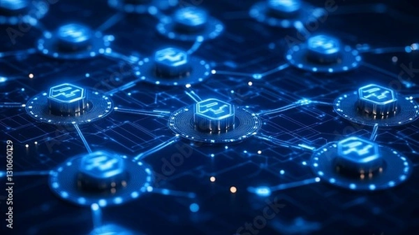 Fototapeta Networked Hexagonal Nodes Displaying Digital Currency Symbols