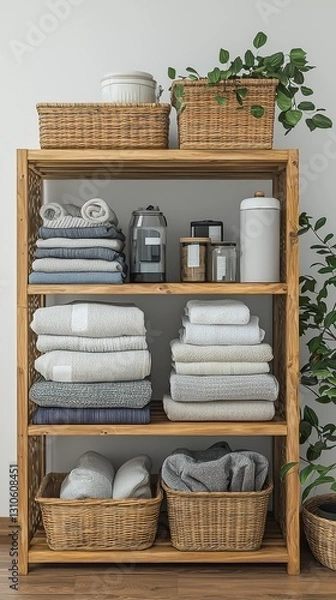 Fototapeta Well-arranged shelf displaying towels creating a neat and tidy living space in a bright minimalist environment isolated