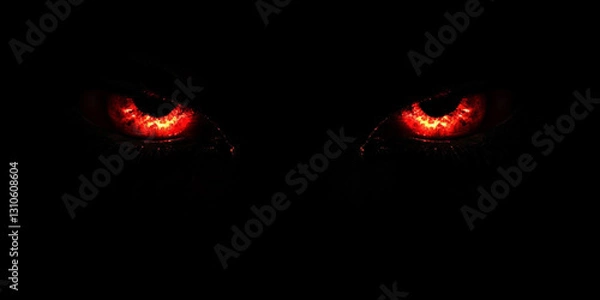 Obraz Red Glowing Eyes in Dark, Eerie Red Eyes in Complete Darkness
