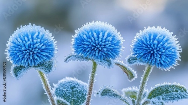 Obraz Frosted Blue Globe Thistles Close-up of flowers covered in frost with blurred backdrop