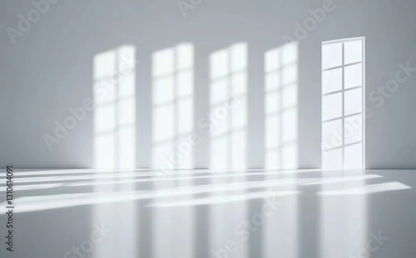 Fototapeta Calm Sunlight Streaming Through Multiple Windows onto a Minimalist White Floor Creating Tranquil Shadows
