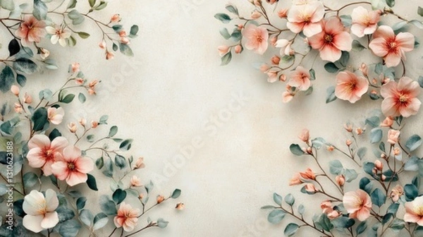 Fototapeta Delicate floral arrangement featuring pink and white blossoming flowers on branches
