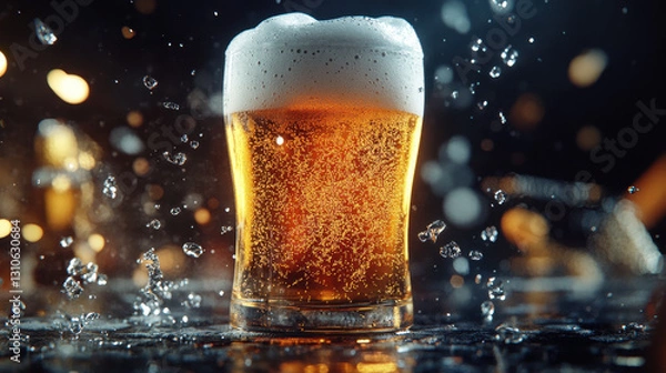 Fototapeta A glass of beer with foam and a splash, with a blurred bar scene in the background