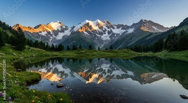 Fototapeta Majestic Mountains Reflected in Calm Lake at Dawn. AI Generated