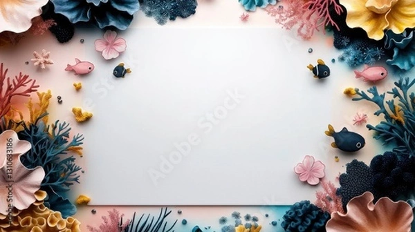 Fototapeta Delicate White Paper Adorned with Colorful Flowers and Fluttering Butterflies