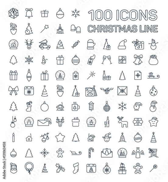 Fototapeta Christmas and New Year line web 100 icons set on white backgroun