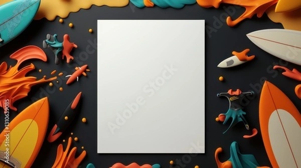 Fototapeta Blank Paper Surrounded by Colorful Surfboards on Sandy Beach Setting