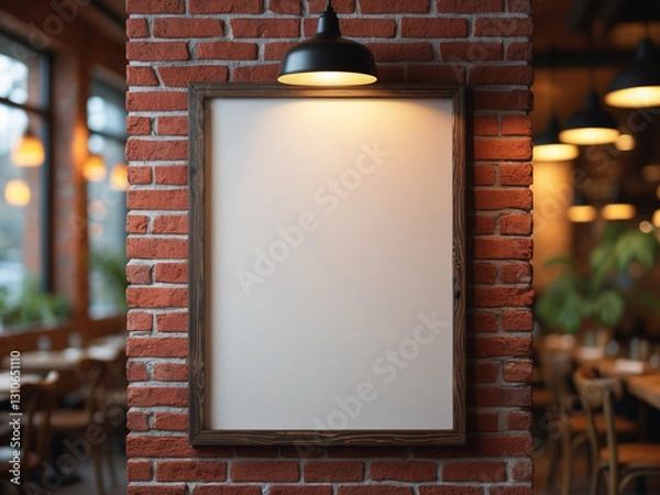 Fototapeta A vertical blank poster with a black frame on a rustic red brick wall, illuminated by a warm overhead light.