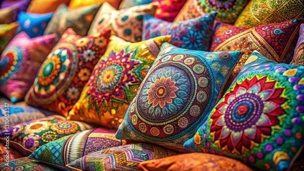 Obraz Miniature Artistic Pillow Backdrop: Tilt-Shift Photography of Creative Drawing Style Pillows