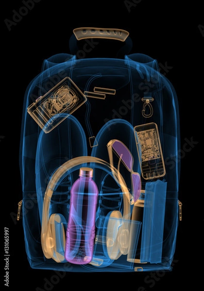 Fototapeta Backpacking under xray on security control. 3D illustration.
