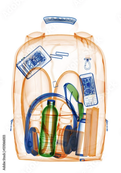 Fototapeta Backpacking under xray on security control. 3D illustration.
