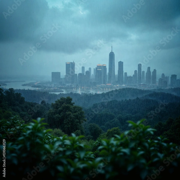 Fototapeta Rainy Cityscape View from Forested Hills at Dusk