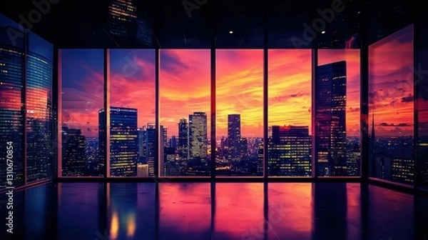 Obraz Dramatic Office View with Bold Skyline Silhouette at Sunset