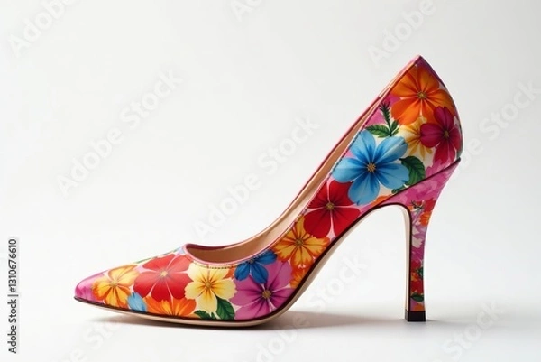 Obraz Close-up shot of a vibrant flower shoe on a white background, stylish, colorful, summer