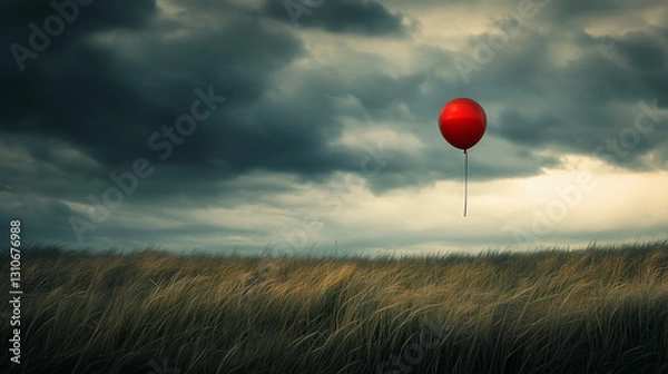 Fototapeta Single red balloon soars against cloudy sky, evoking feelings of hope and loneliness, freedom and fragility in vast expanse