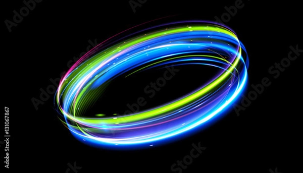 Fototapeta Glow effect. Ribbon glint. Abstract rotational border lines. Power energy. LED glare tape.
Luminous sci-fi. Shining neon lights cosmic abstract frame. Magic design round frame. Swirl trail effect.