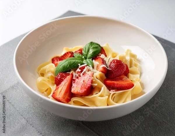 Obraz delicious pasta dish with fresh strawberries basil leaves cheese and red sauce served in a white bowl against a minimalist background for culinary photography