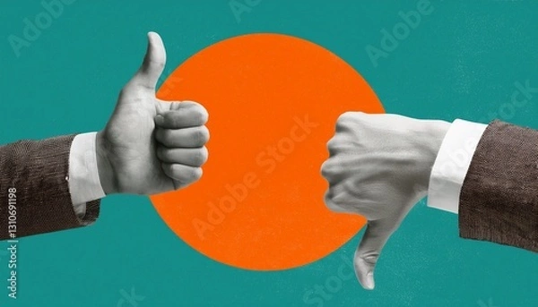 Obraz collage art shows hands with thumbs up down creative design on teal background orange circle adds contrast modern art piece representing different opinions positive negative feedback abstract