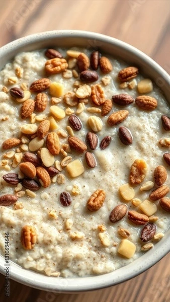 Fototapeta A bowl of steaming oats topped with nuts and seeds, crunchy topping, oatmeal, oatmeal with seeds