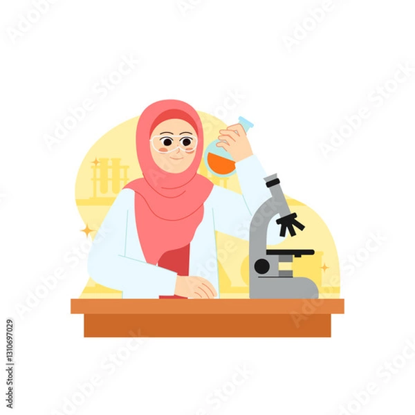 Obraz Muslim Women in Science 2 using Miscroscope & Holding Beaker