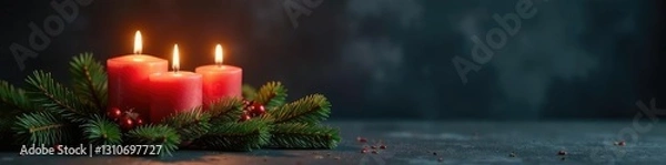 Obraz Fir branches with three burning candles against dark grey background, Christmas, darkness