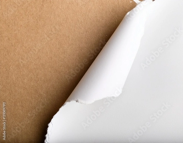 Obraz torn a half sheet of white paper from the top recycled brown paper white copy space for text suitable for marketing purposes