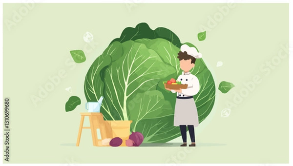 Fototapeta Young chef standing beside a huge cabbage and plate of other vegetables