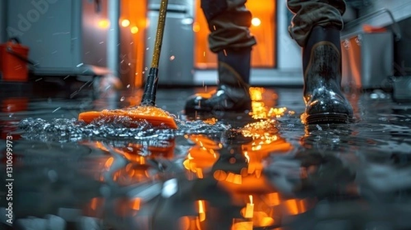 Obraz Flooded kitchen, worker mops up water damage
