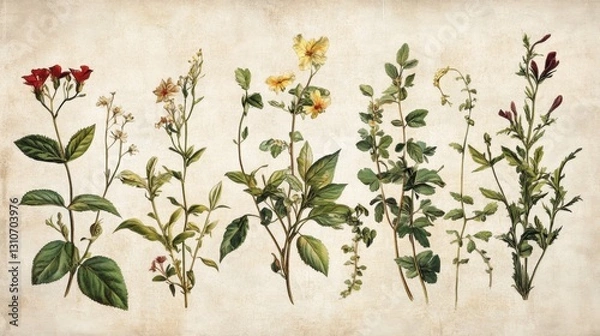 Fototapeta A charming collection of antique-style botanical drawings with faded parchment textures.