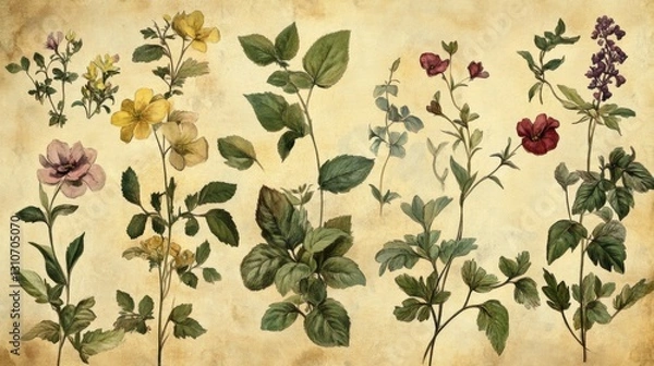 Fototapeta A charming collection of antique-style botanical drawings with faded parchment textures.