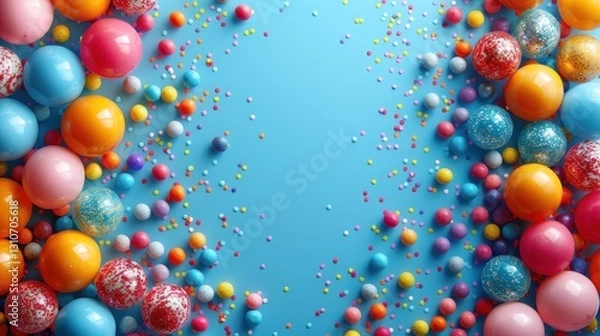 Obraz Colorful balloons and sprinkles on a vibrant blue background