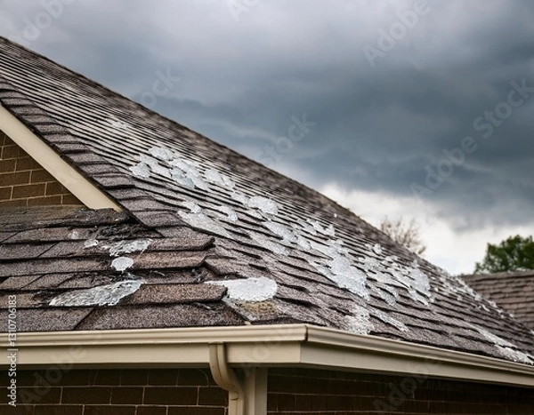 Obraz close up of hail damage on a shingle roof causing severe leaks and rot with rainwater seeping through and dark clouds overhead creating a chaotic scene with an empty space for captions