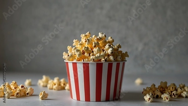 Fototapeta For movie night or snack time ideas, a red and white paper bucket with popcorn is isolated on a clear backdrop.