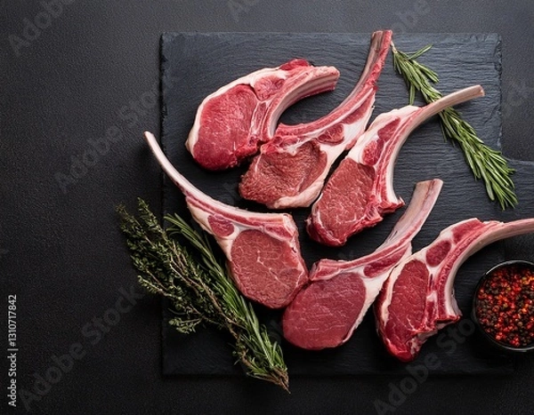 Obraz top view of raw lamb chops and fresh mutton cutlets on ribs with a dark background offering ample copy space image