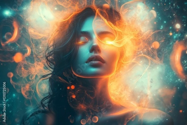 Obraz Ethereal Woman Surrounded by Colorful Flames and Mystic Elements